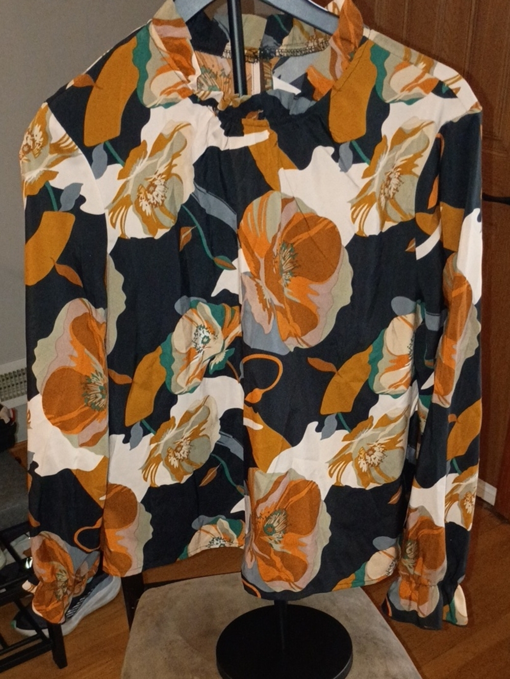 SHEIN Floral Ruffle-Neck Long Sleeve Blouse - Orange, Black, Cream